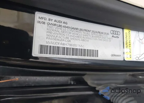 2009 Audi A4 2.0T/2.0T Special Edition z USA, uszkodzony, nr VIN WAUDF48H79K001551